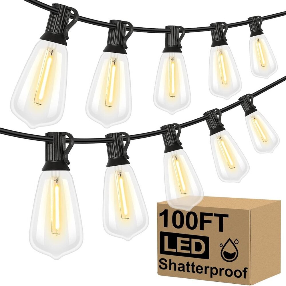 LED Outdoor String Lights 100FT Patio Lights with 52 Shatterproof ST38 Vintage E